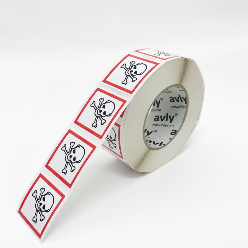 Etiqueta "Altamente Tóxico" 50mm x 50mm, 1000 etiquetas por rolo adesivo permanente